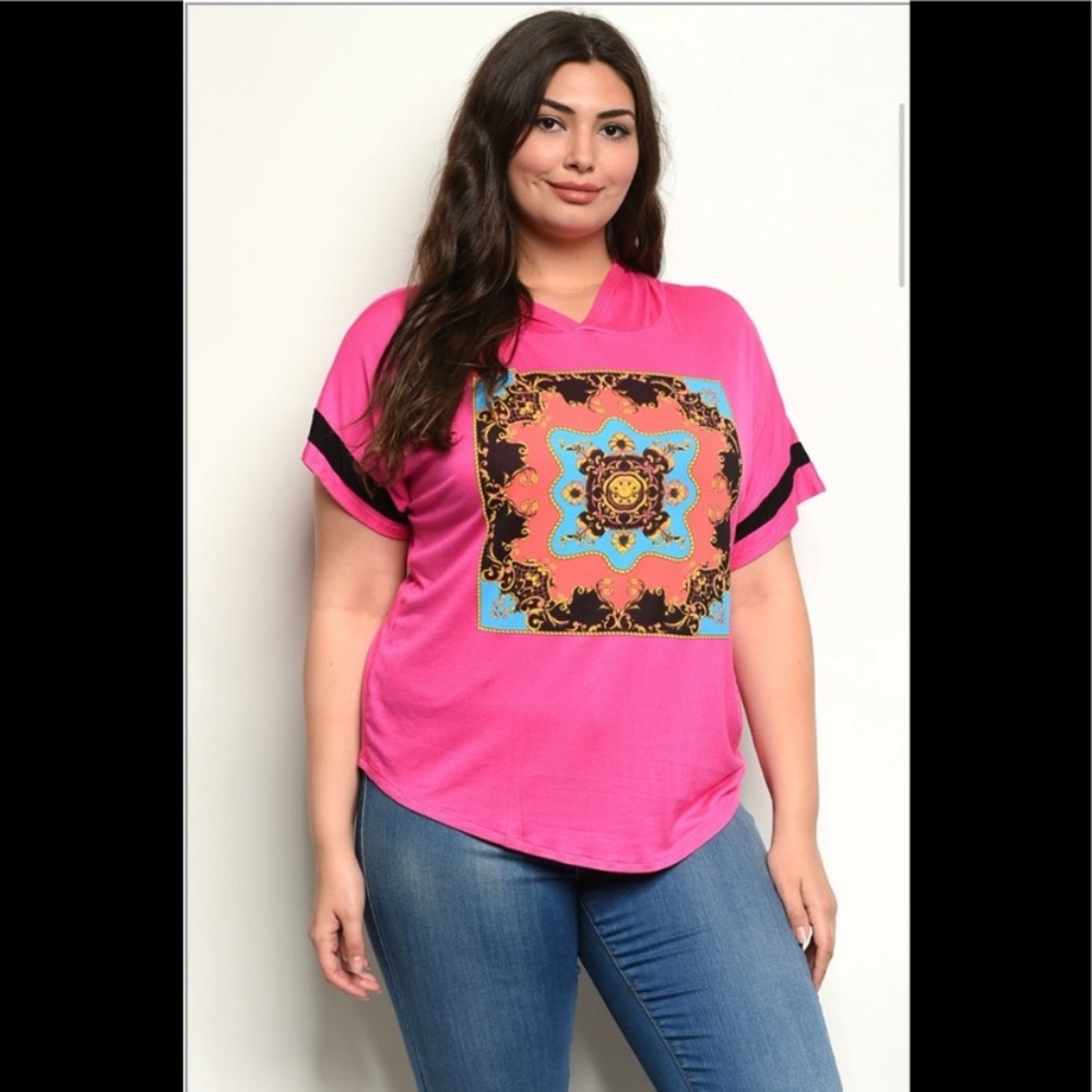Radiant pink printed hooded tee 1X plus size